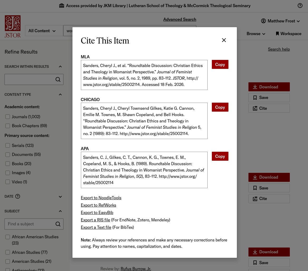 JSTOR citation tool for a search result for "womanist theology"