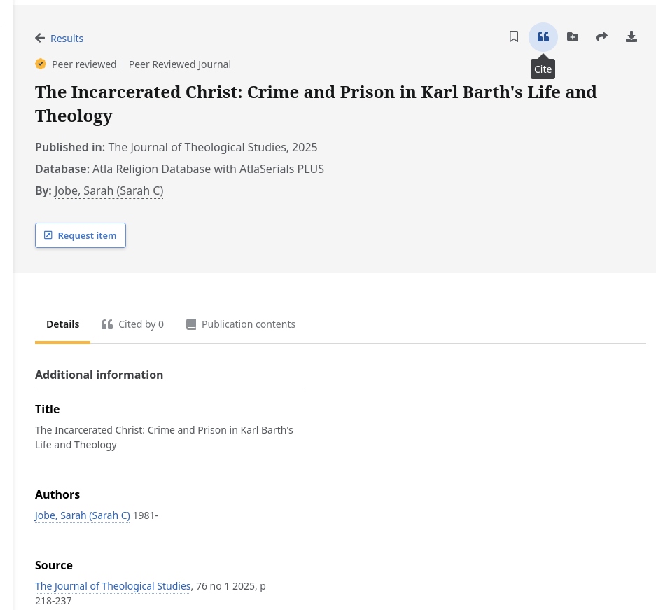EBSCO web search result page for an article chosen from the results list