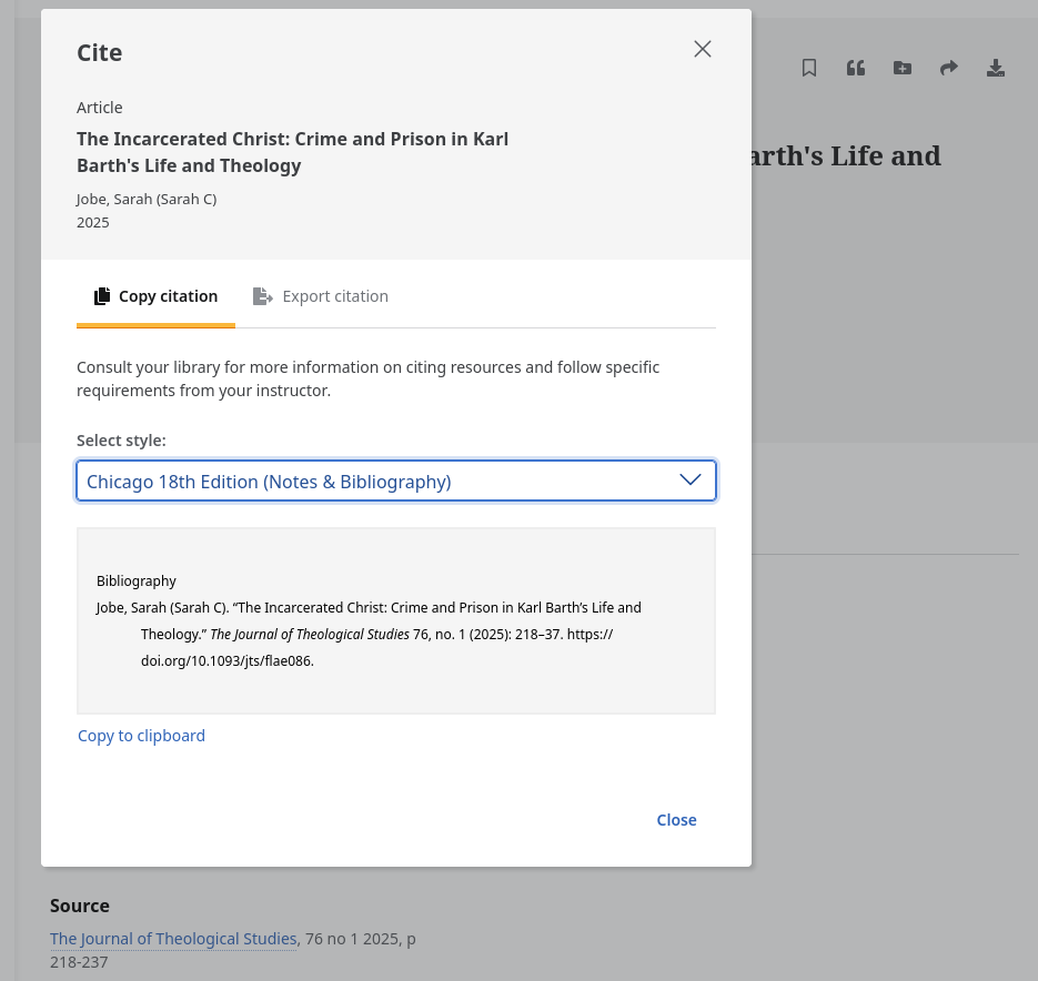 EBSCO web search result with the article citation dialog and the Chicago Notes-Bibliography format