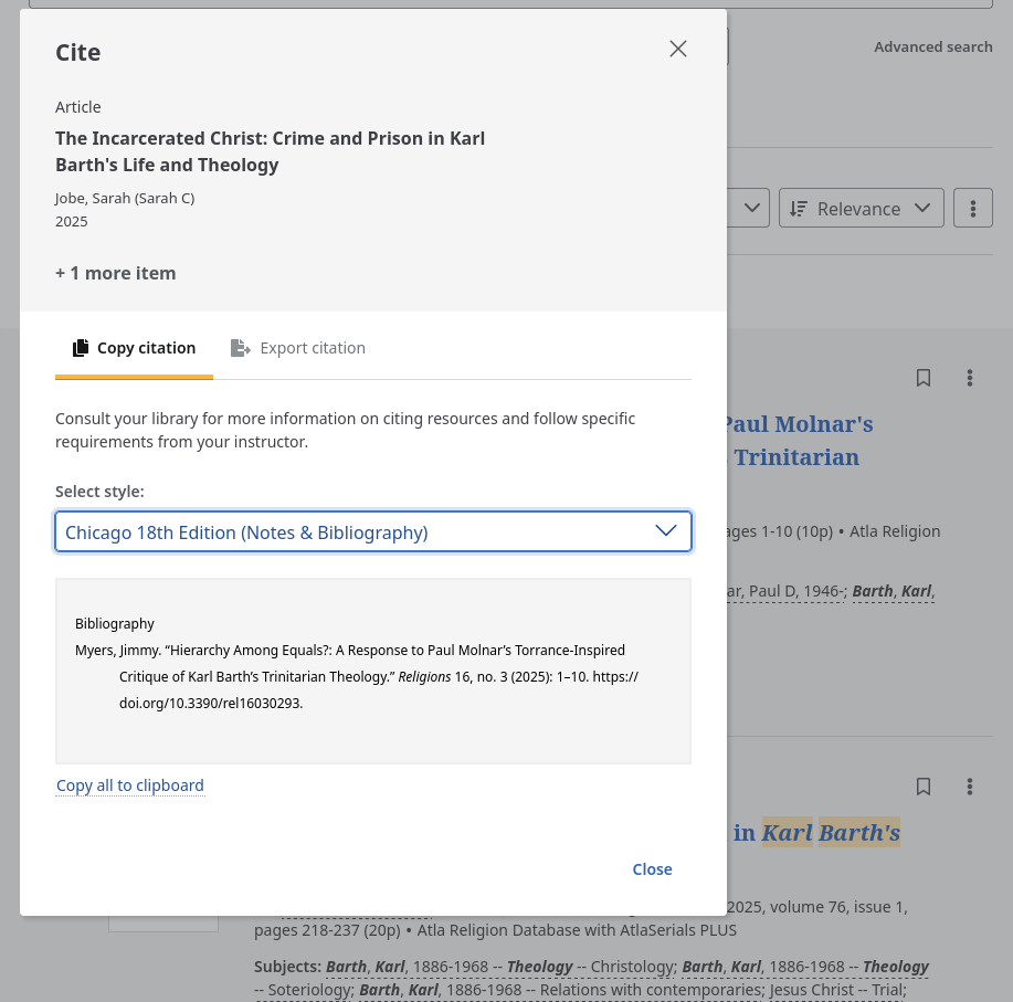 EBSCO web search results list with the article citation dialog and the Chicago Notes-Bibliography format