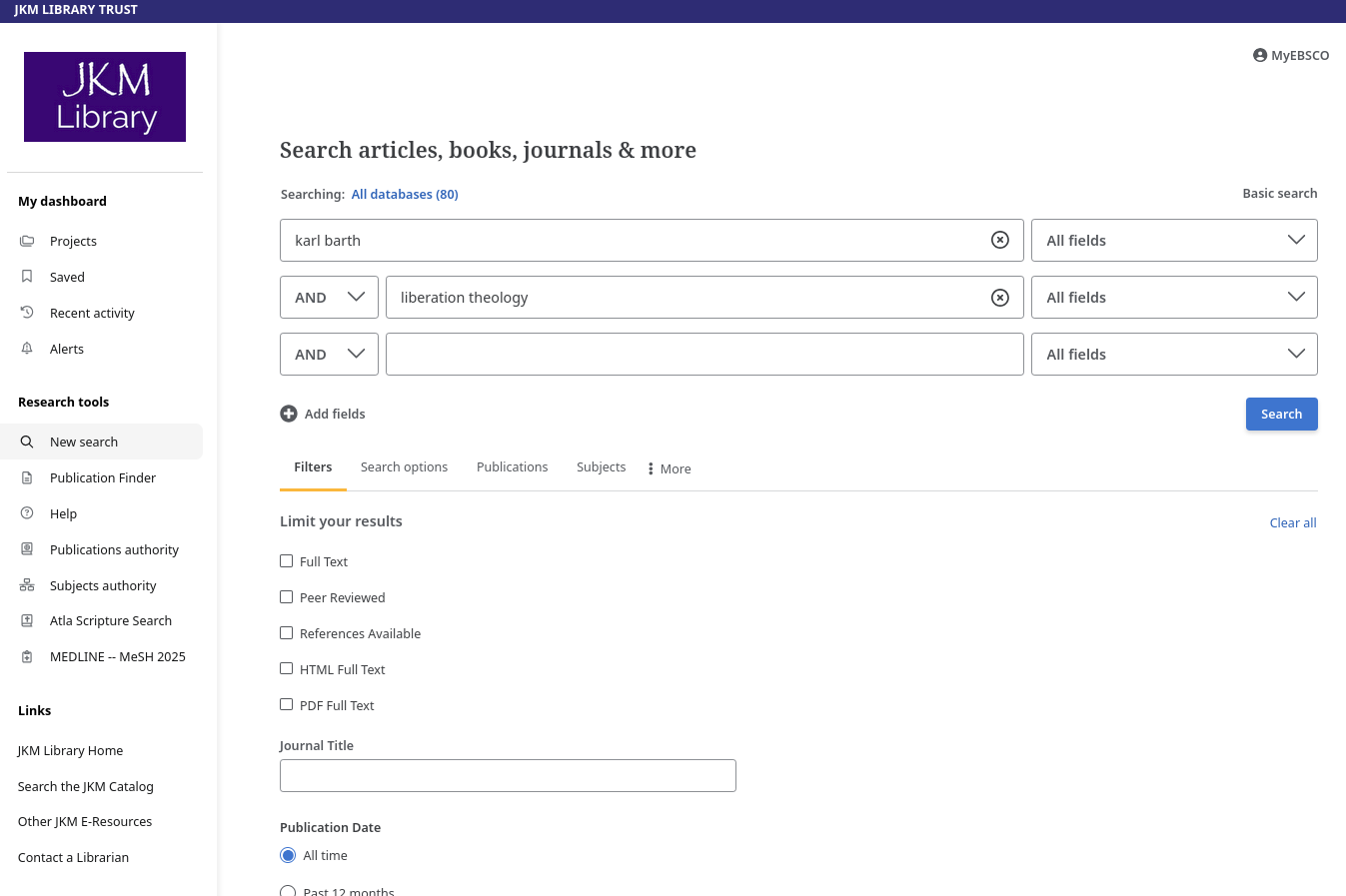 An example of a JKM EBSCO advanced search