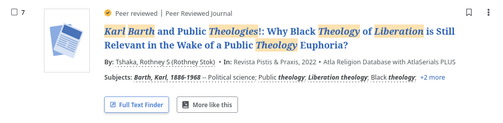 a JKM EBSCO advanced search result screen with the Full Text Finder link