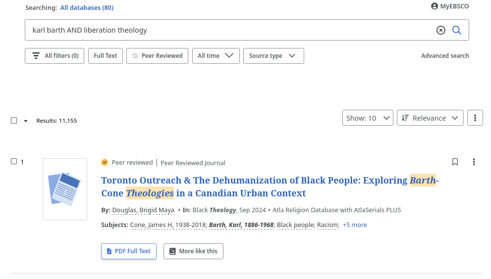 a JKM EBSCO advanced search result screen with a PDF access link