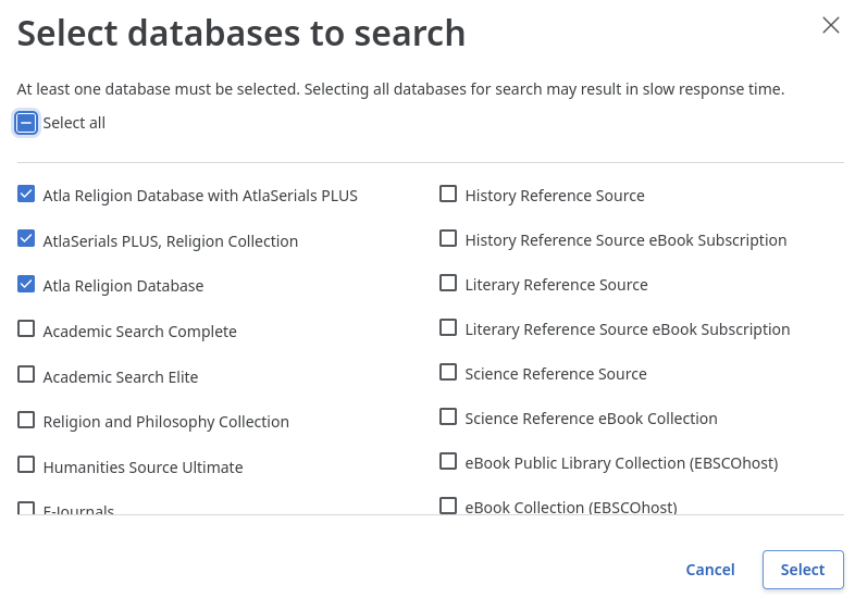 The EBSCO popup for selecting multiple databases, including the "select all" option