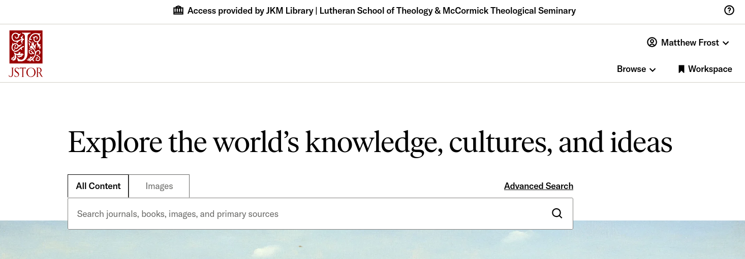 The JSTOR front page for database search, with access provided by JKM Library