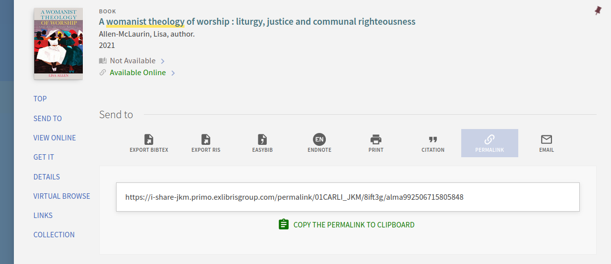 a JKM Primo item view with the "Send To" buttons showing, with "Permalink" selected and the generated permalink