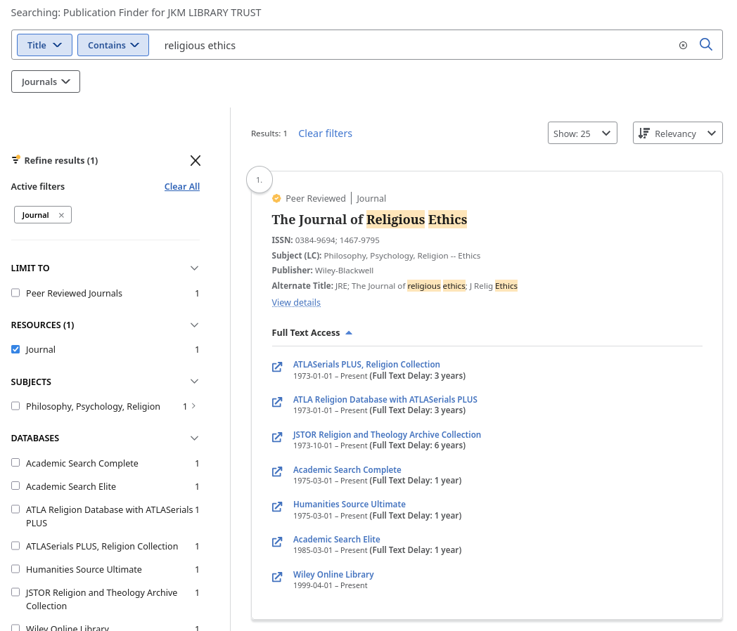 A JKM Publication Finder search for the Journal of Religious Ethics, showing multiple services and their coverage or delay