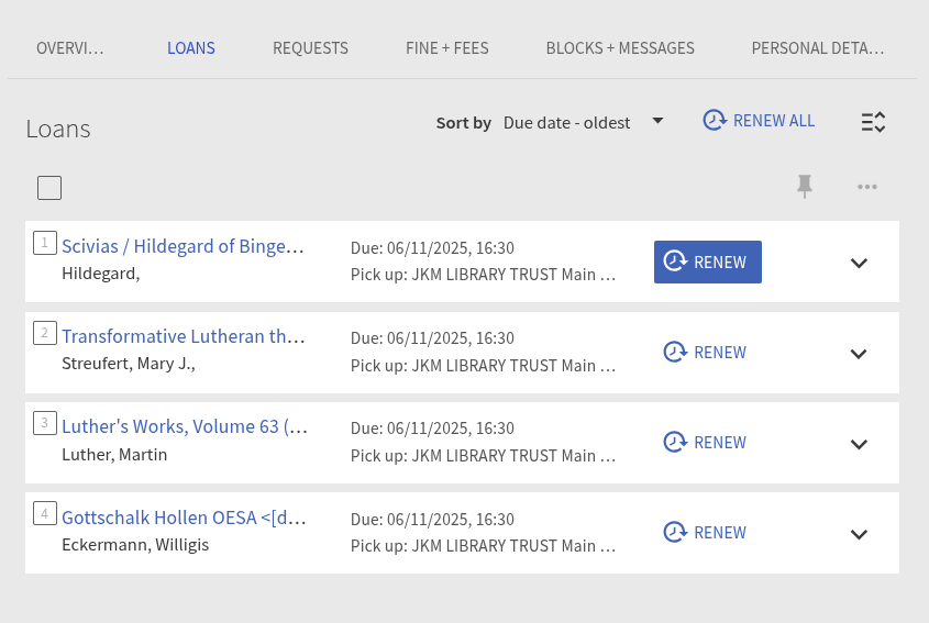 JKM Primo My Loans screen with one item highlighted for renewal