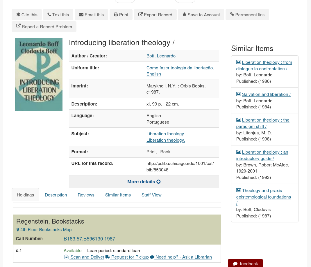 An item page in the UChicago online catalog