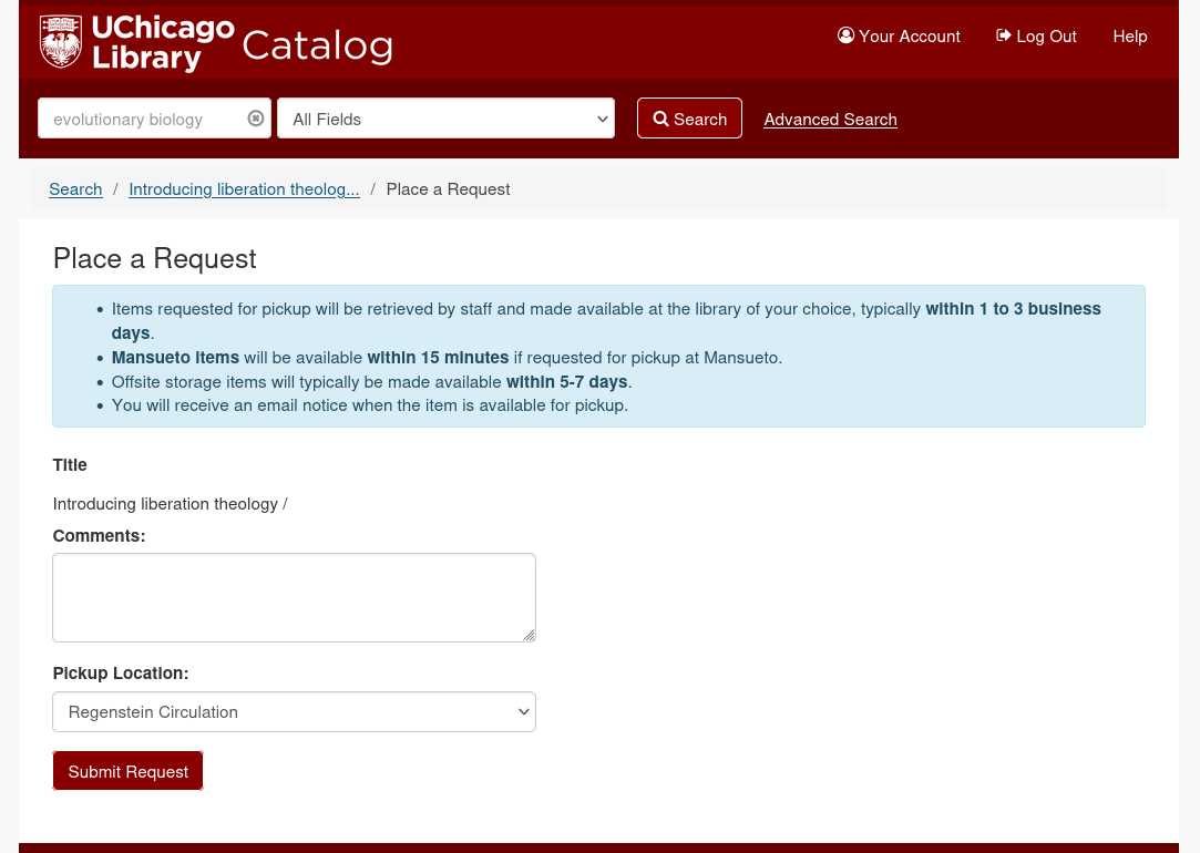 The item request screen in the UChicago catalog